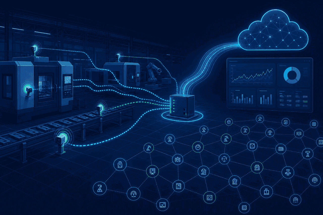 Промышленный IoT: датчики на оборудовании, поток данных через edge-шлюз в облачную аналитику