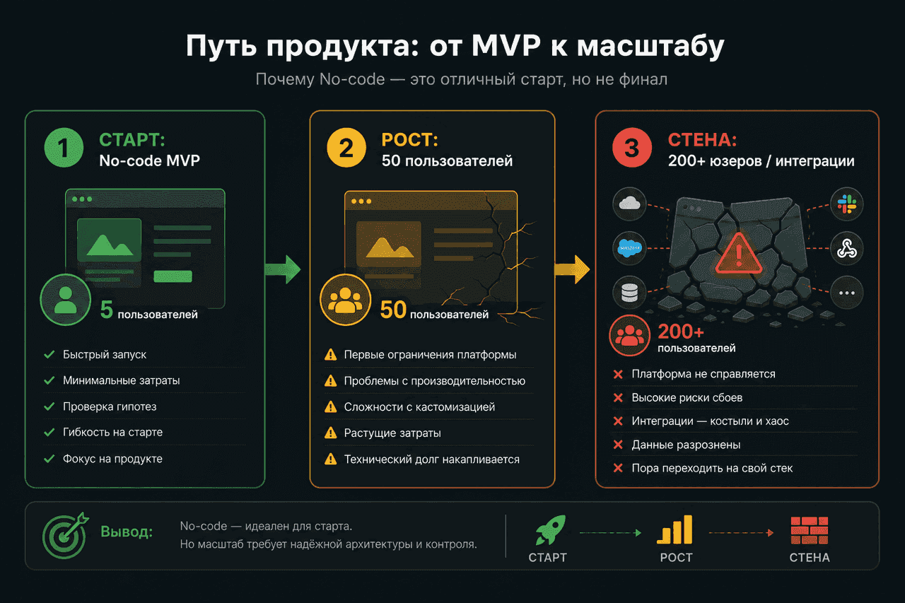 Ловушка масштабирования No-code: старт MVP, рост пользователей и стена на интеграциях