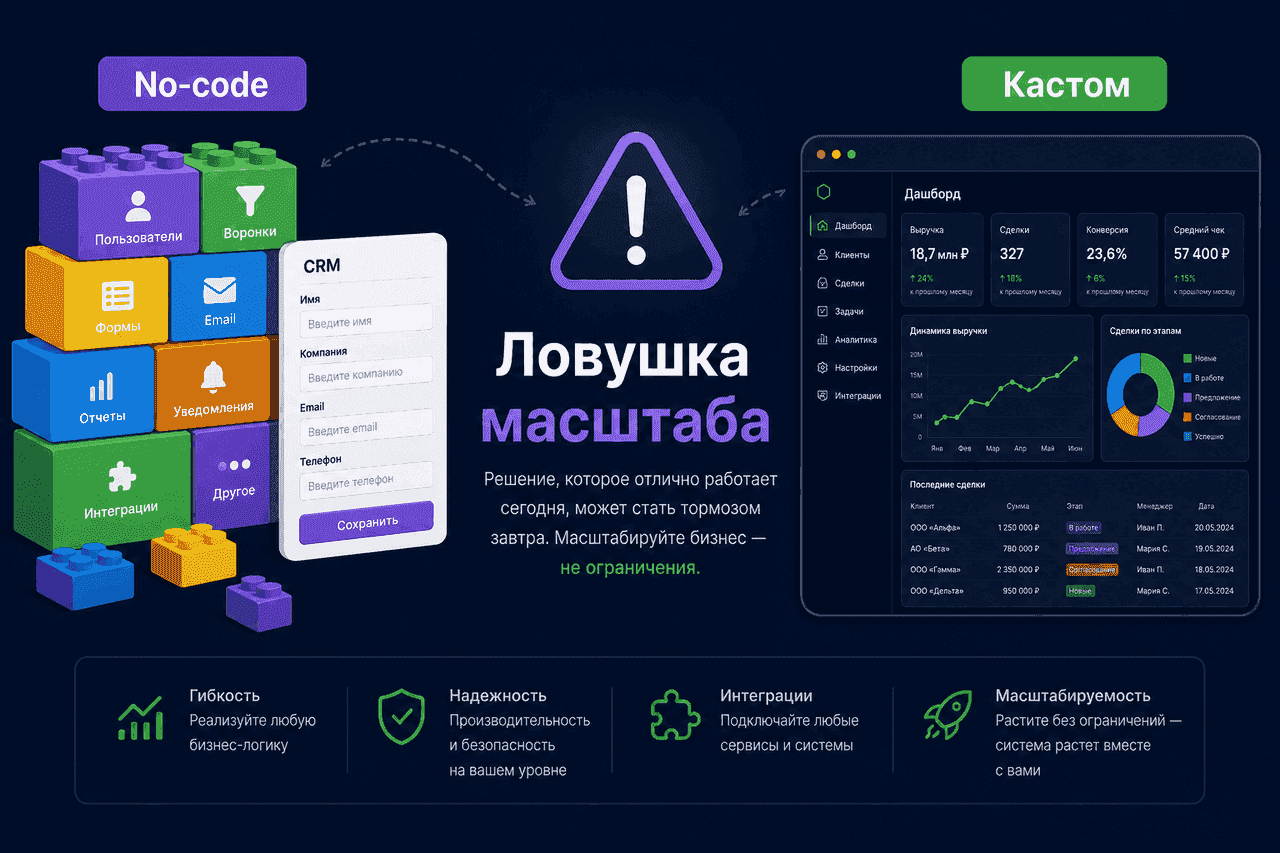 No-code vs кастомная разработка: конструктор блоков против своего веб-приложения