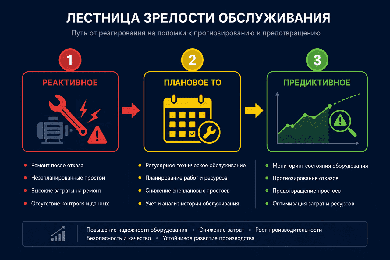 Уровни обслуживания оборудования: реактивное, плановое ТО и предиктивное обслуживание