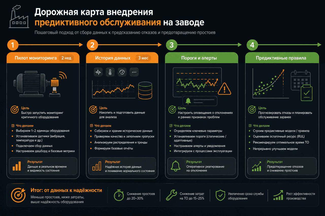 Дорожная карта предиктивного обслуживания: пилот мониторинга, история данных, алерты, предиктивные правила
