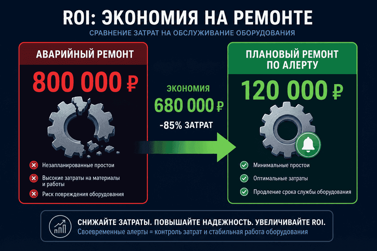 Сравнение: аварийный ремонт 800 000 ₽ против планового обслуживания по алерту 120 000 ₽