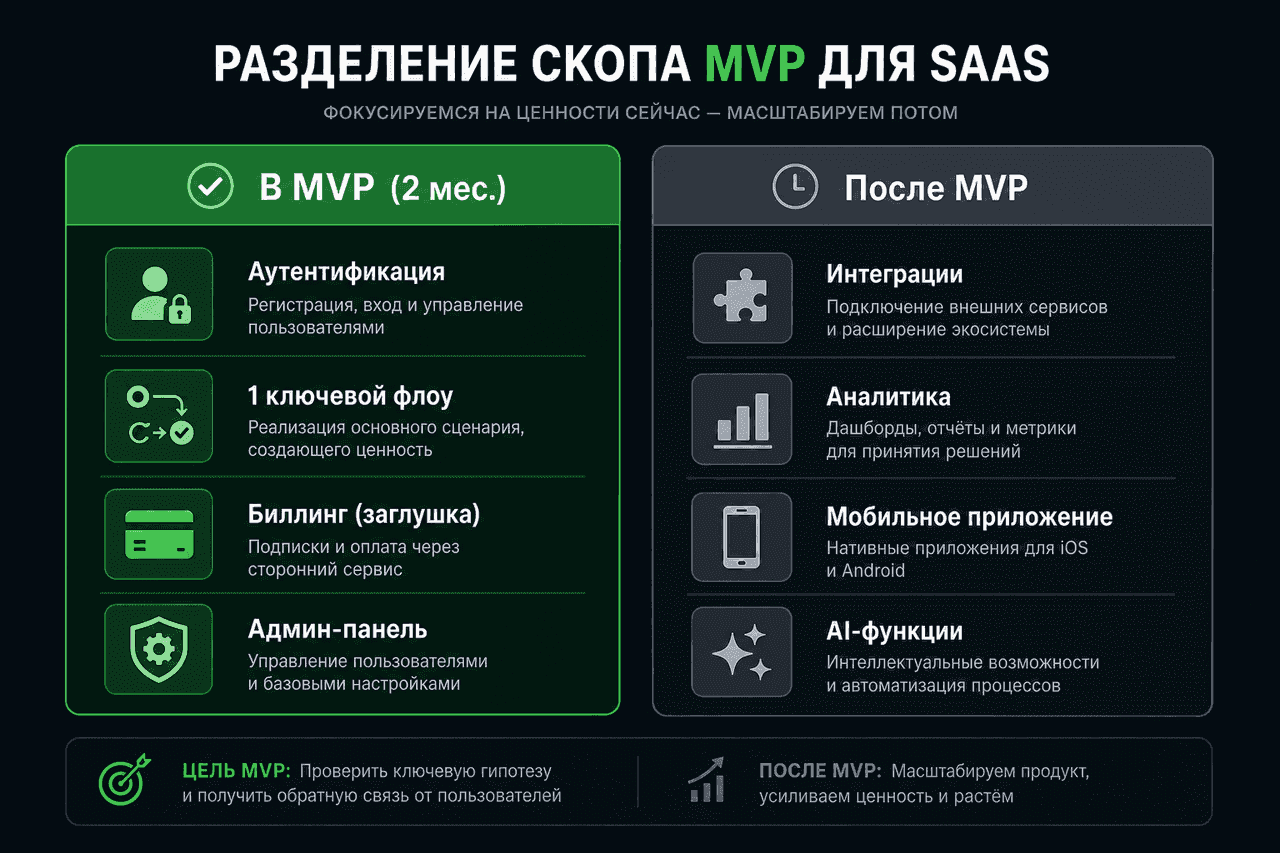 Объём работ MVP SaaS: авторизация, одна ключевая функция и биллинг против отложенных интеграций и мобильного приложения