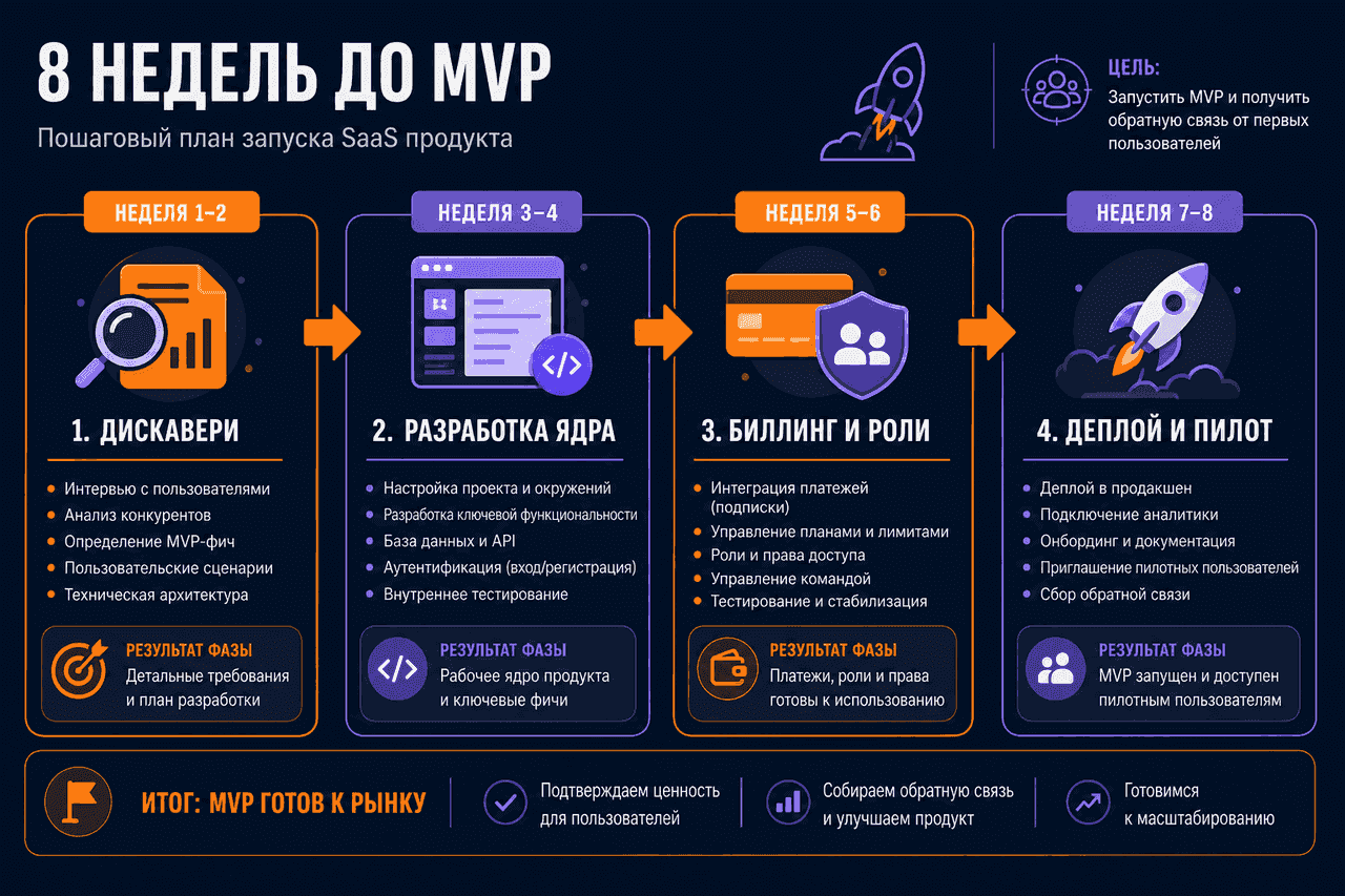 Дорожная карта MVP SaaS на 8 недель: discovery, ядро, биллинг, деплой и пилотные пользователи