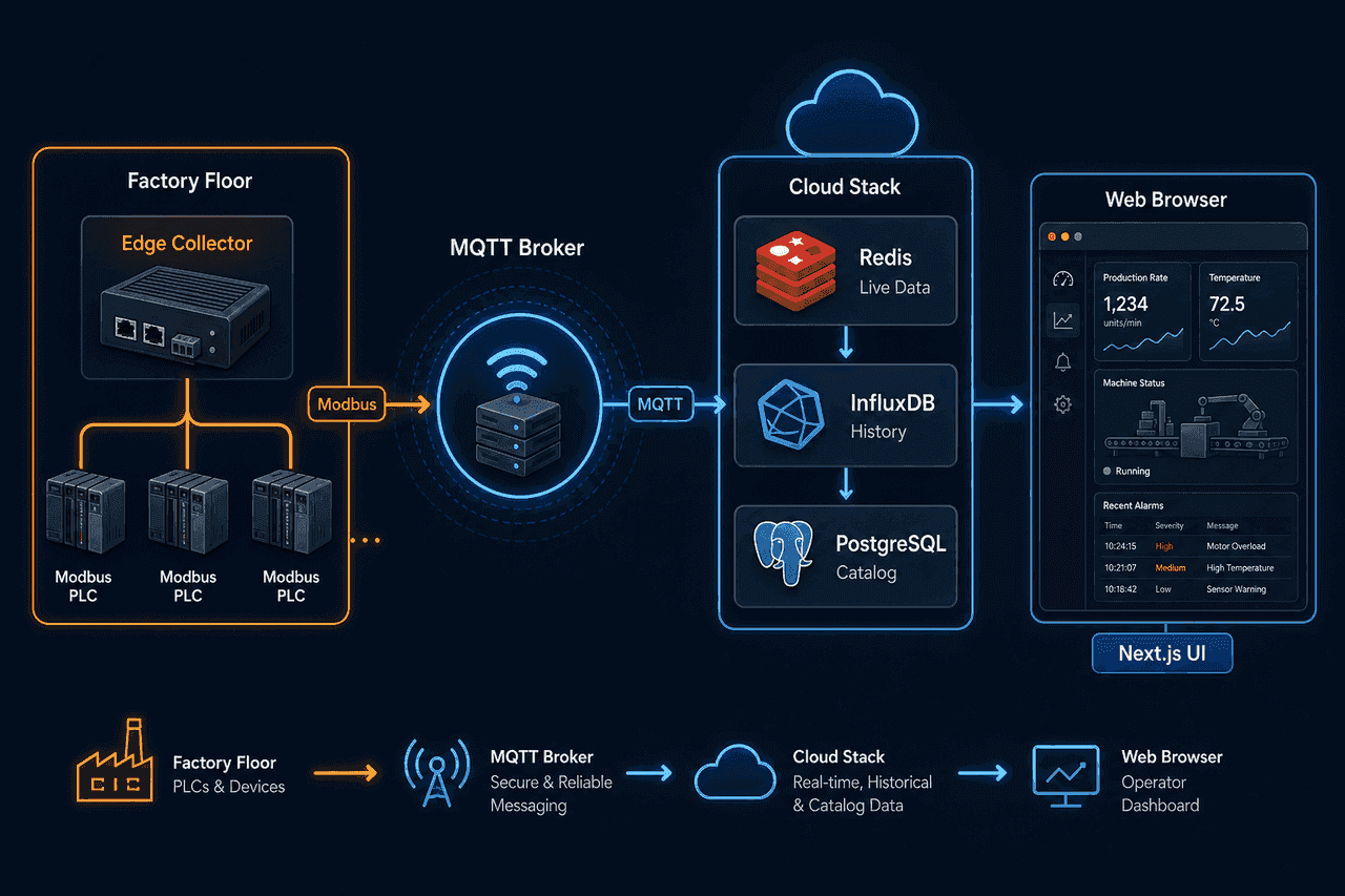 Архитектура WL-SCADA: Modbus → Collector → MQTT → Redis/InfluxDB → web UI