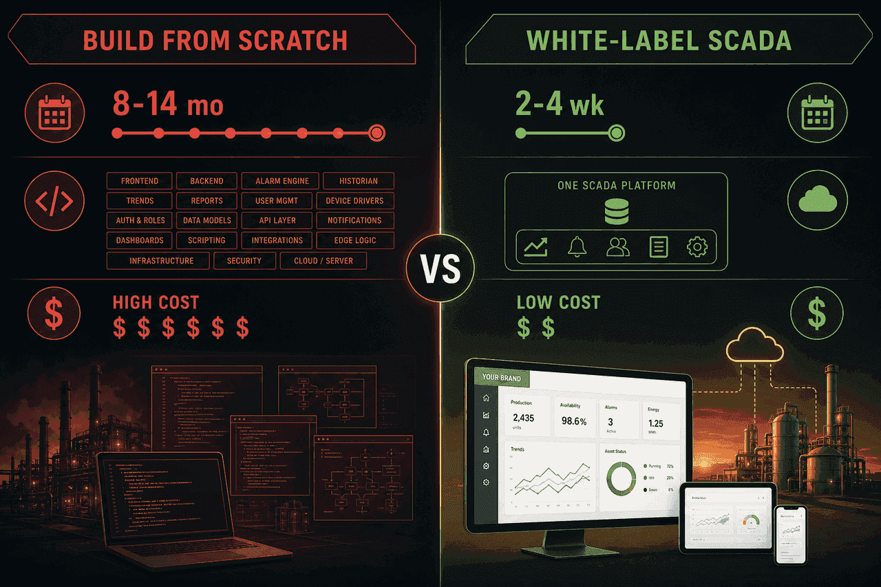 Сравнение: разработка SCADA с нуля 8–14 месяцев vs white-label пилот 2–4 недели